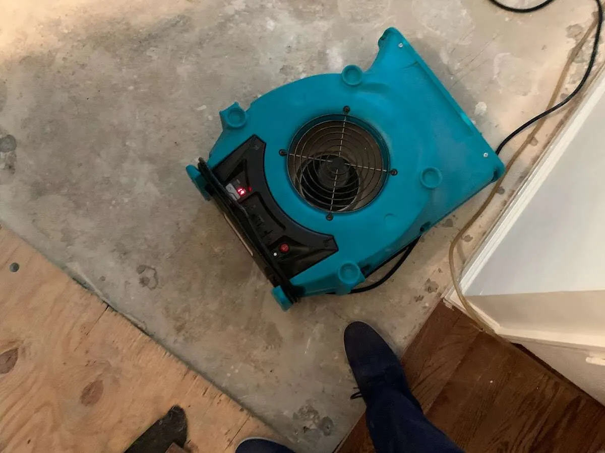 Air mover drying subfloor during Commercial Water Damage Restoration in North Star